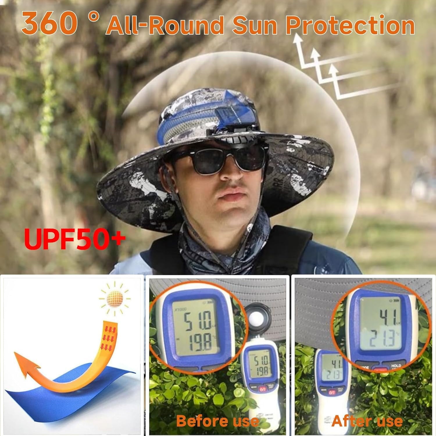 Outdoor Wide Brim Sun Hat with Solar Fan, Solar & USB Charging,Outdoor Fishing Hat,Hat with Fan,Solar Fan Hat Upf50+